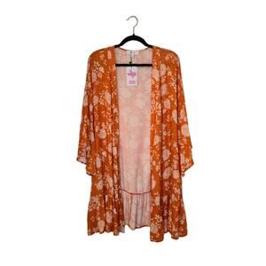 Peach Love Womens Floral Kimono Size Large Orange Flutter Sleeve Bohemian